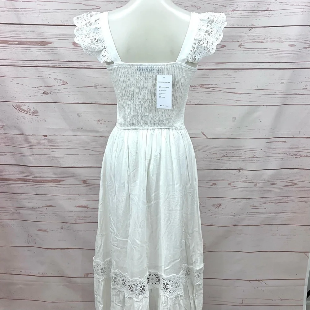 NWT White Eyelet Lace Flutter Wing Sleeve Smocked Top Pocket Maxi Dress